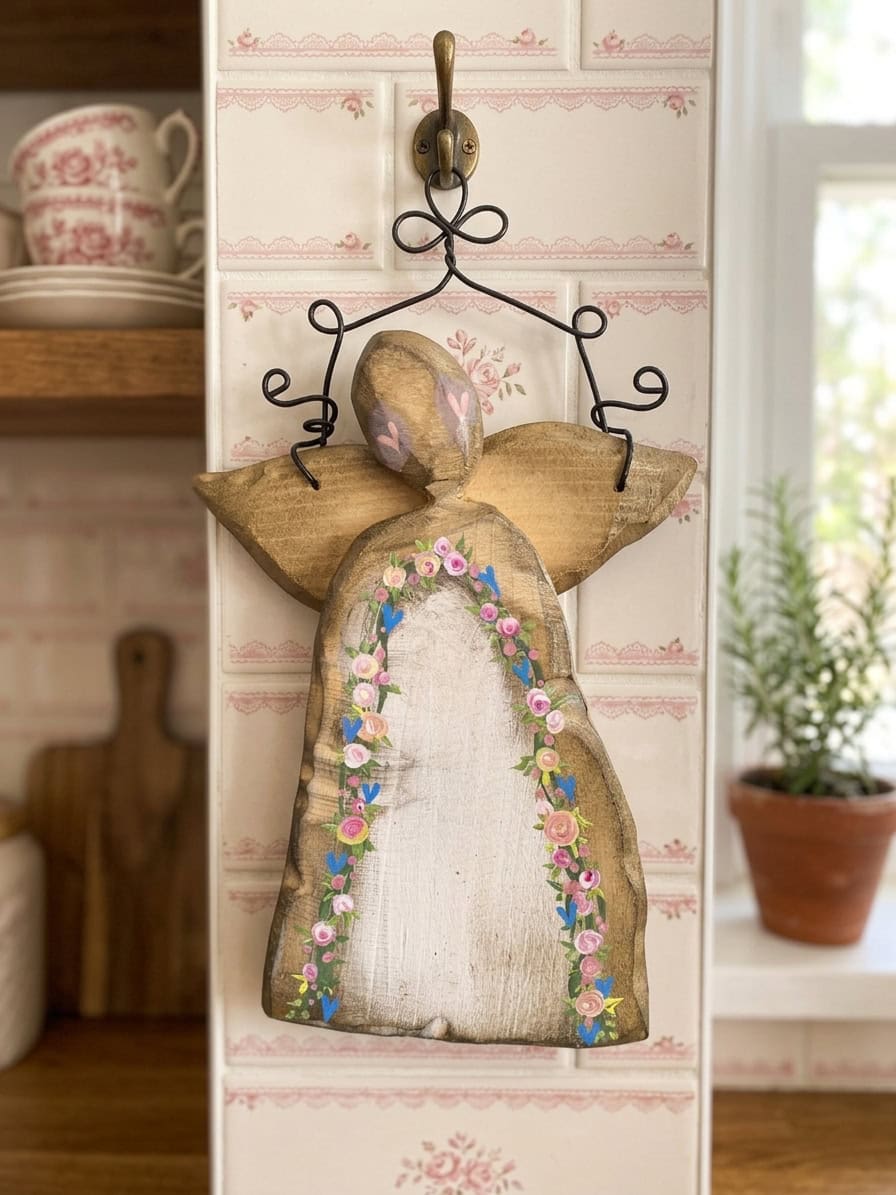 Drevený anjel s ručne maľovaným kvetinovým dekorom, dekoratívny doplnok do domácnosti, originálny handmade výrobok.